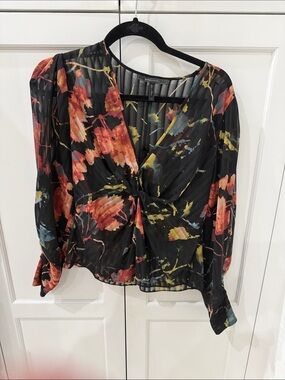 Express Black Floral Twist-Front Blouse with Red and Yellow Highlights